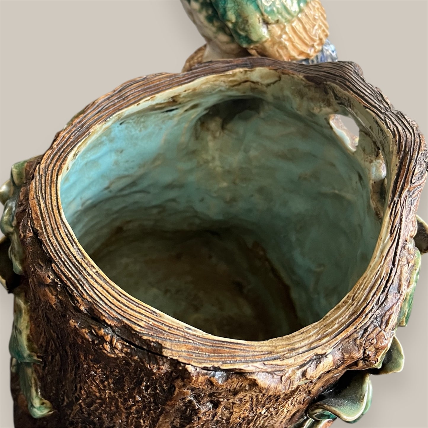 Antique French Majolica Parrot planter — Barbotine Tree-Trunk Model (c. 1880–1900)