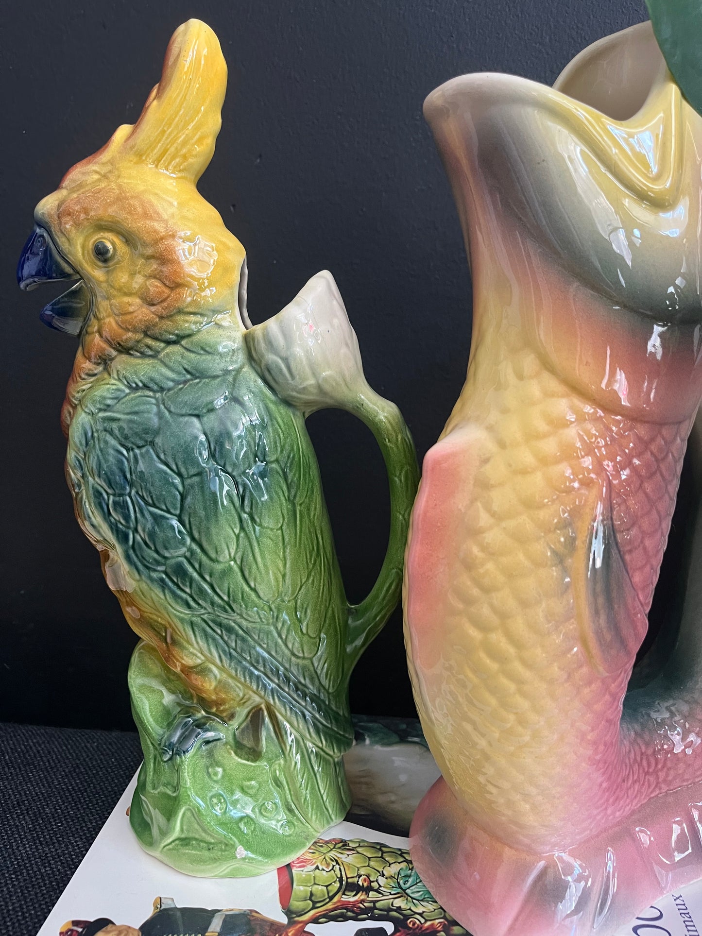 Saint Clement french antique Cockatoo pitcher majolica artdeco period