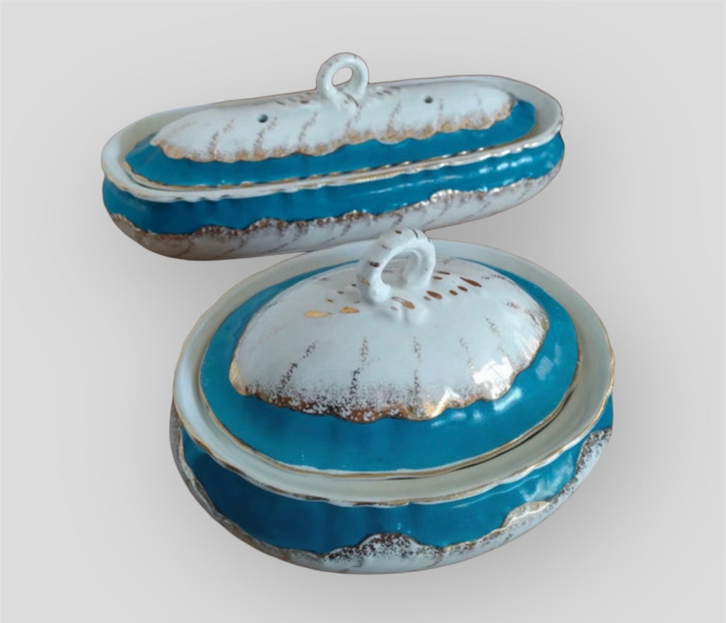 Set 2 antique faience boxes Nimy, France