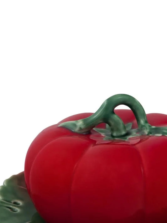 Butterdish Bordalo Pinheiro faience tomato on greenleave saucer