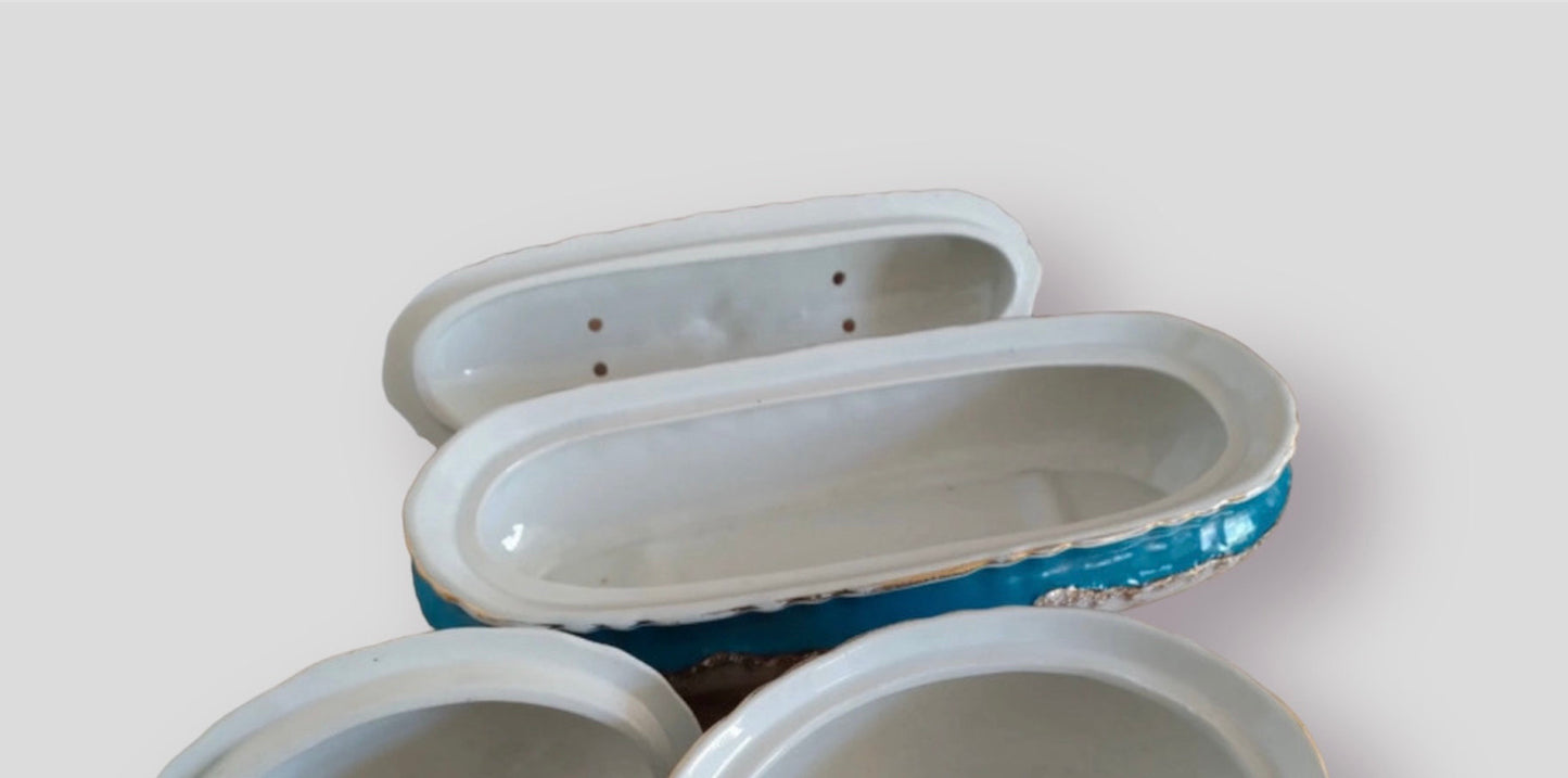 Set 2 antique faience boxes Nimy, France