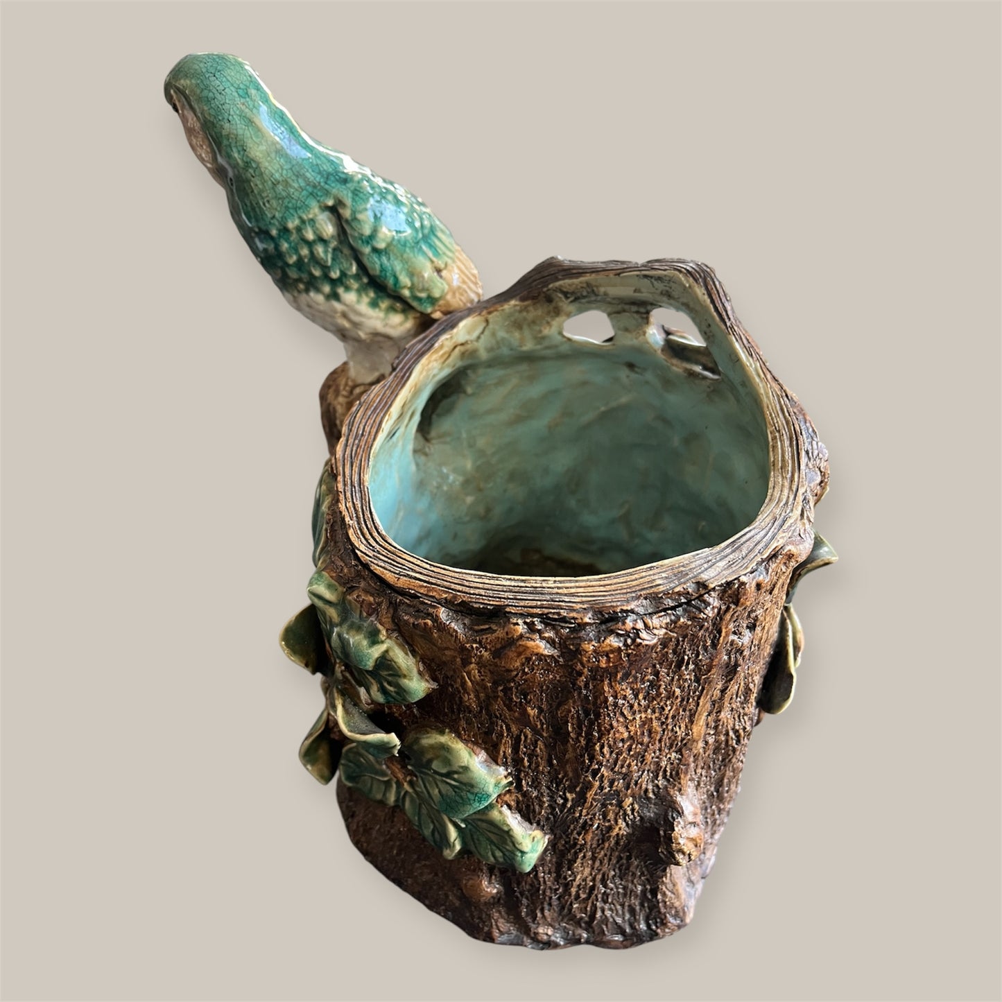 Antique French Majolica Parrot planter — Barbotine Tree-Trunk Model (c. 1880–1900)
