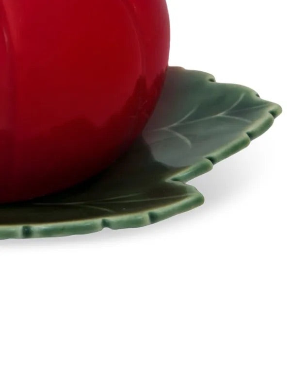 Butterdish Bordalo Pinheiro faience tomato on greenleave saucer