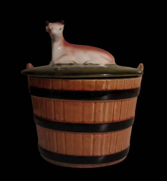 Secla Portugal majolica butter dish cow vintage