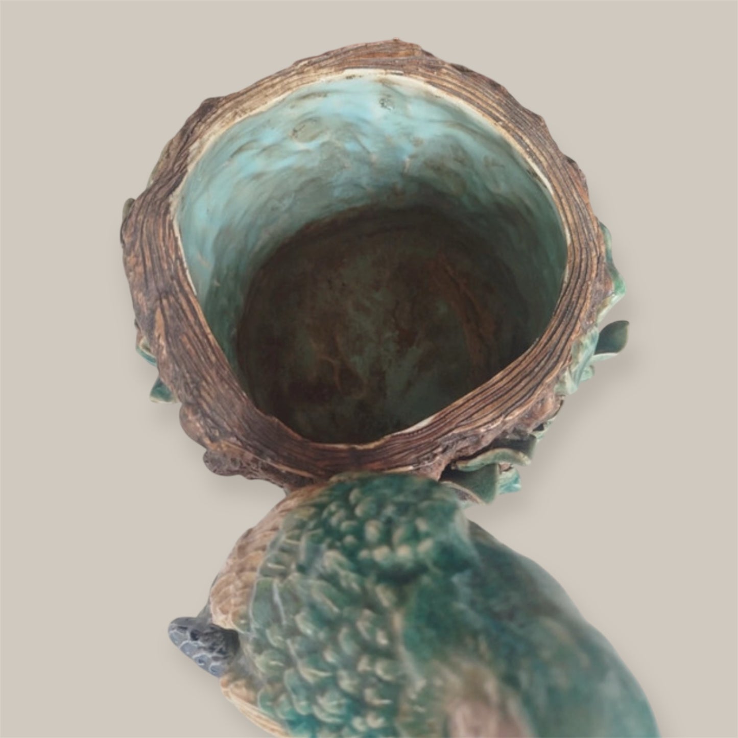 Antique French Majolica Parrot planter — Barbotine Tree-Trunk Model (c. 1880–1900)