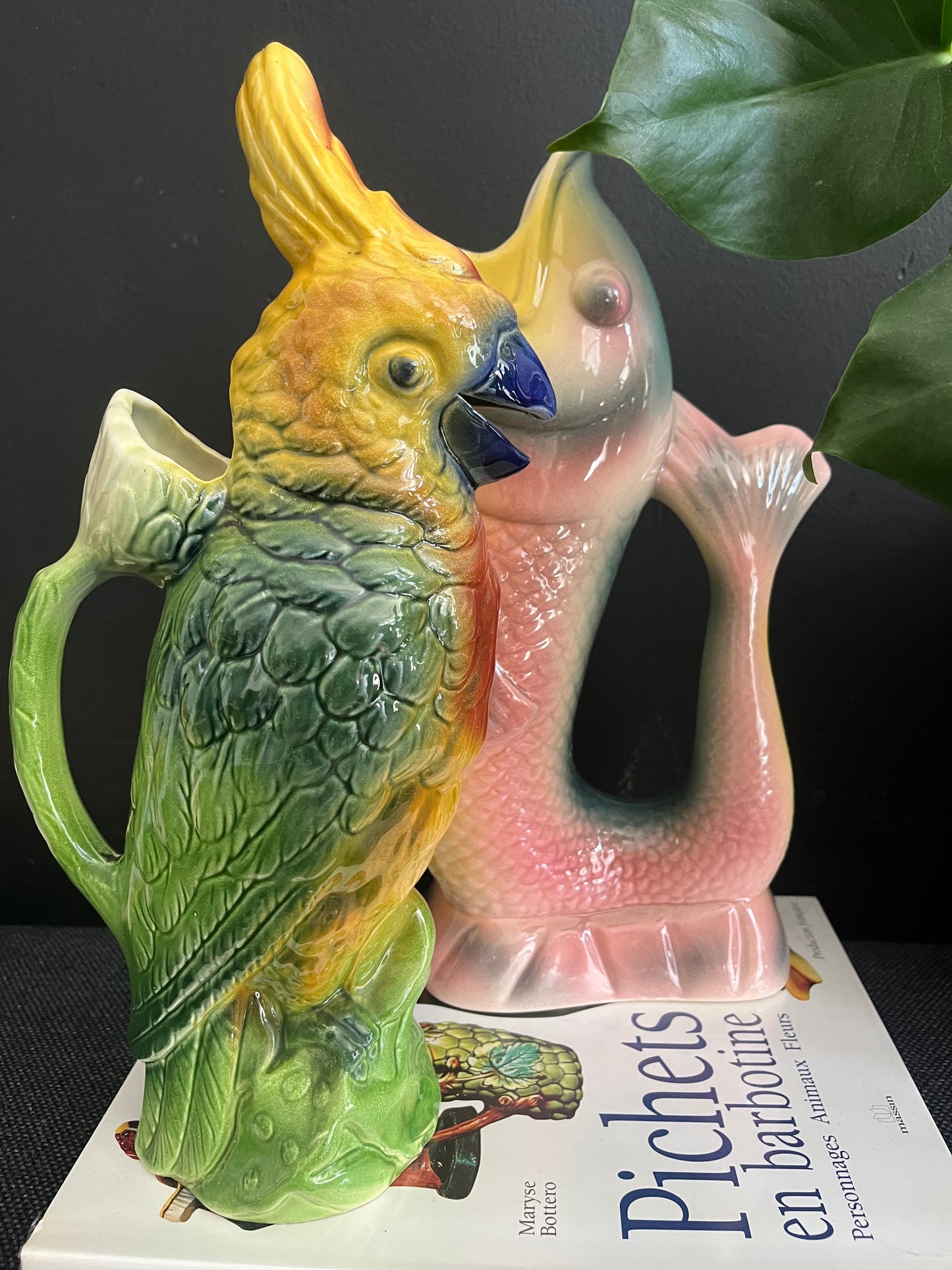Saint Clement french antique Cockatoo pitcher majolica artdeco period