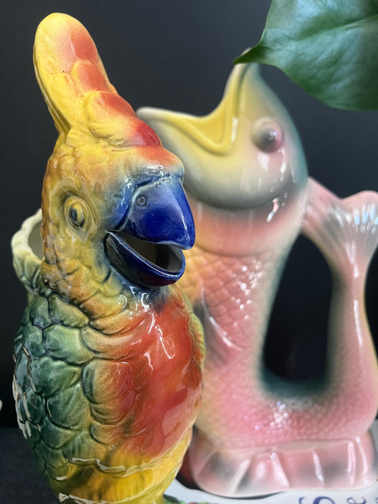 Saint Clement french antique Cockatoo pitcher majolica artdeco period