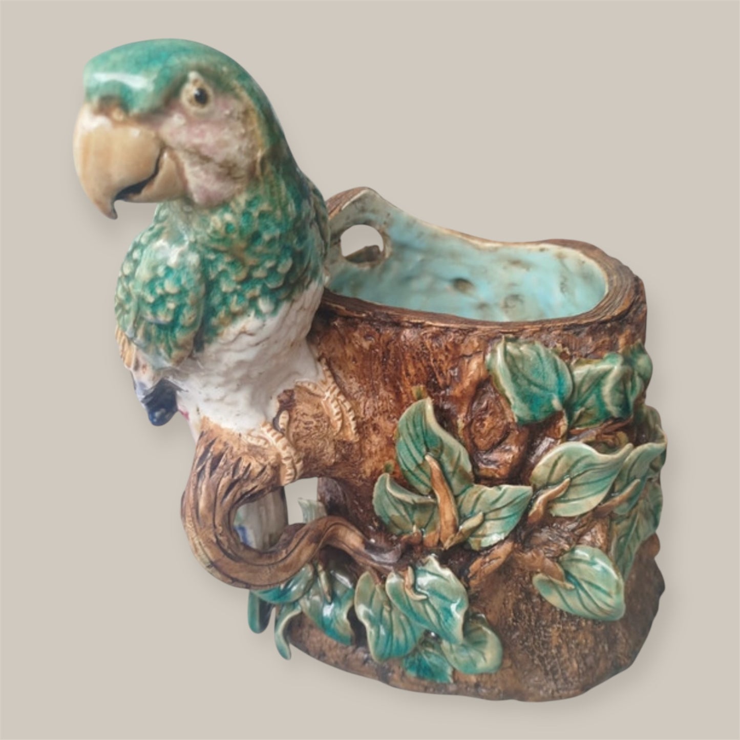 Antique French Majolica Parrot planter — Barbotine Tree-Trunk Model (c. 1880–1900)