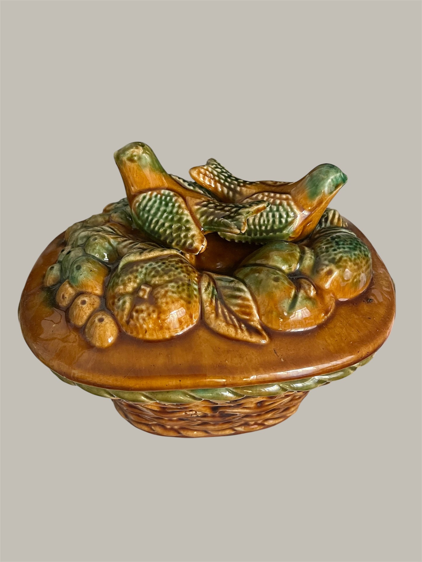 Antique majolica tureen fruit and birds in barbotine