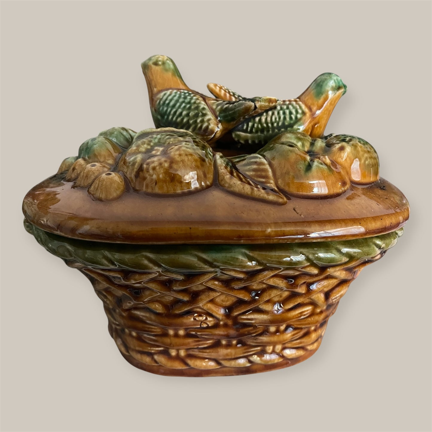Antique majolica tureen fruit and birds in barbotine