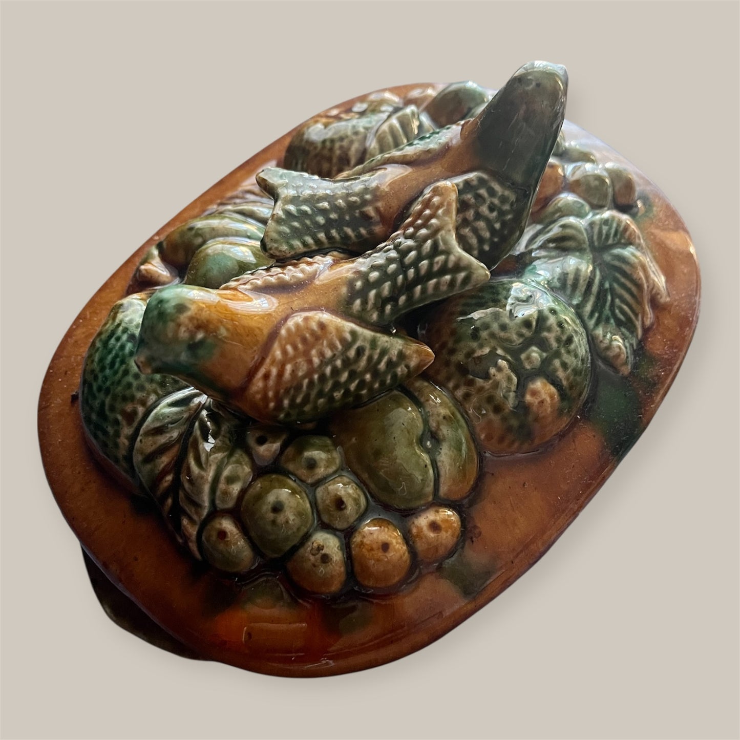 Antique majolica tureen fruit and birds in barbotine