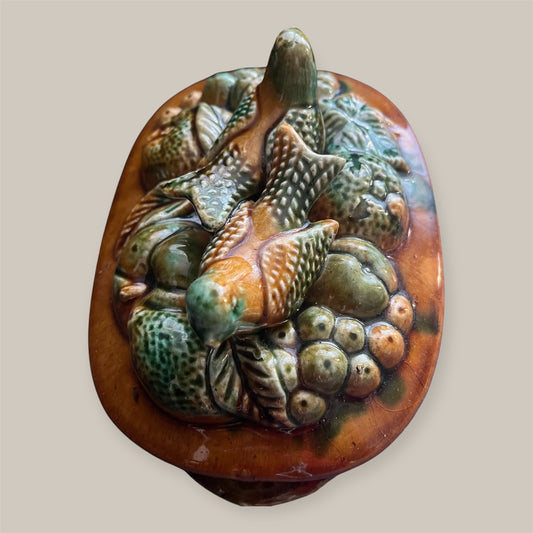 Antique majolica tureen fruit and birds in barbotine