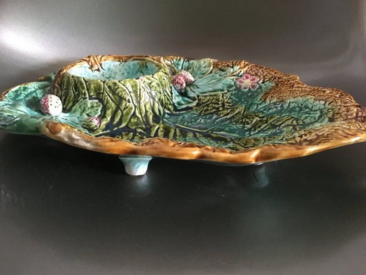 Majolica strawberry server from Nimy France Art Nouveau