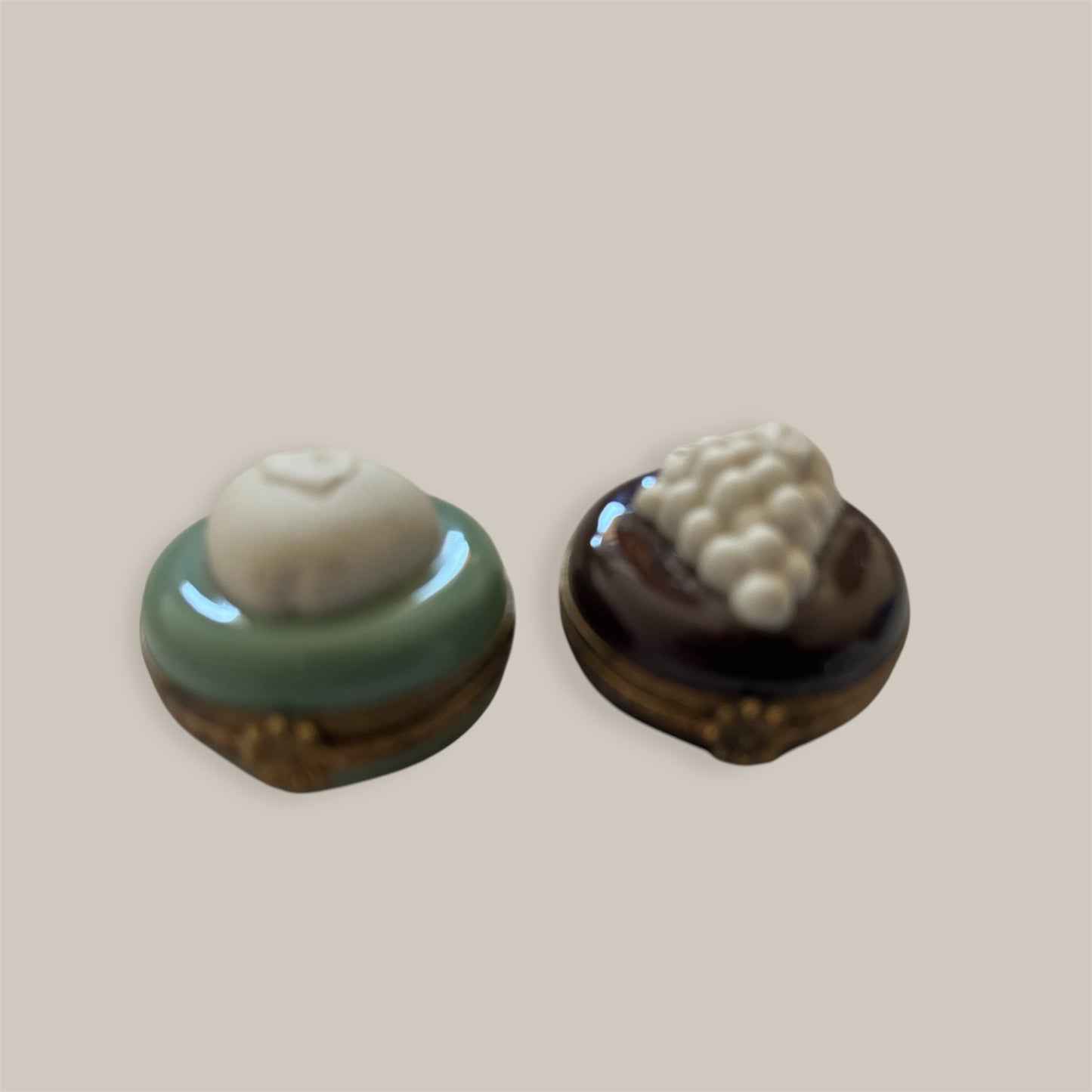 Set 2 Limoges France trincketboxes fruit Apple and Raisins.