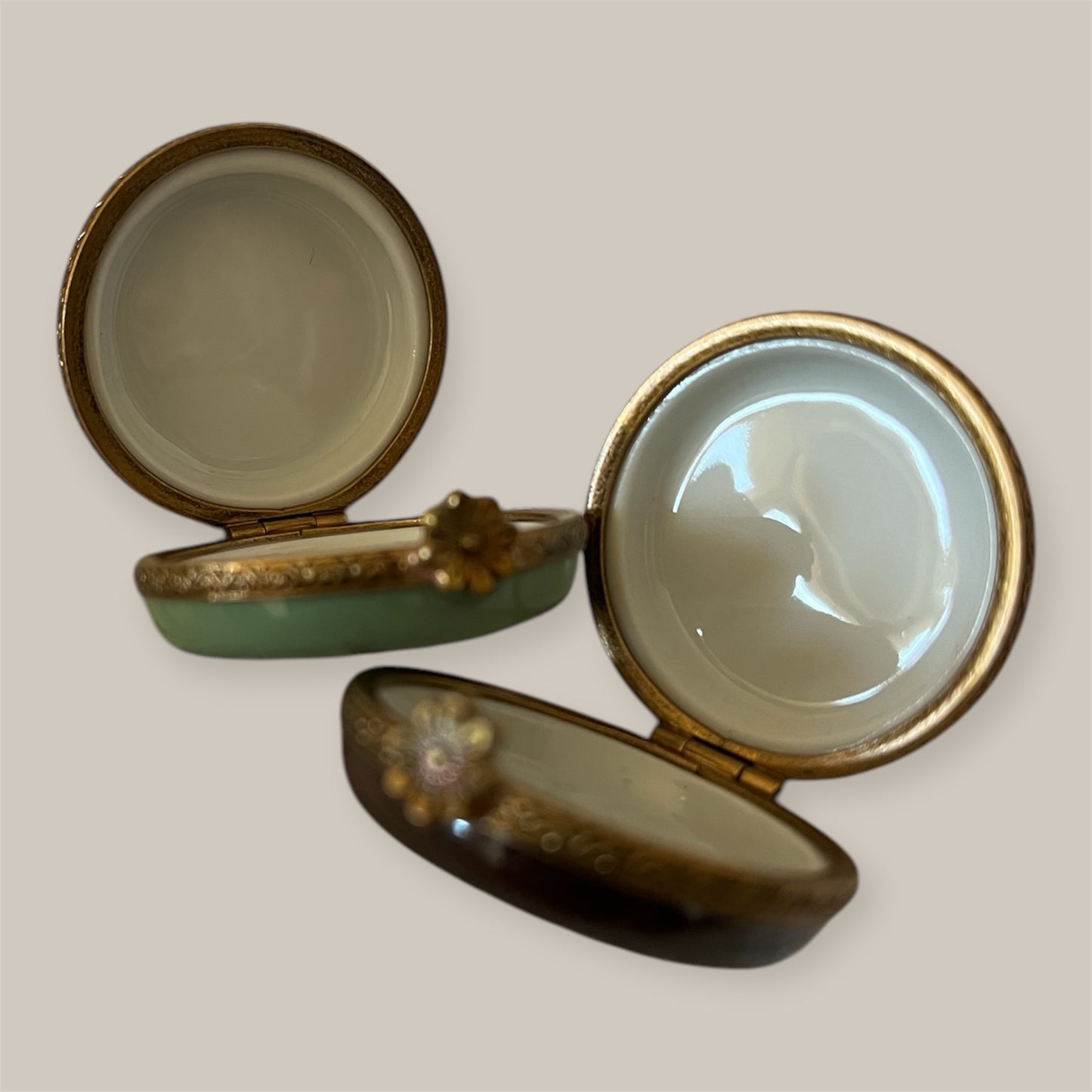 Set 2 Limoges France trincketboxes fruit Apple and Raisins.