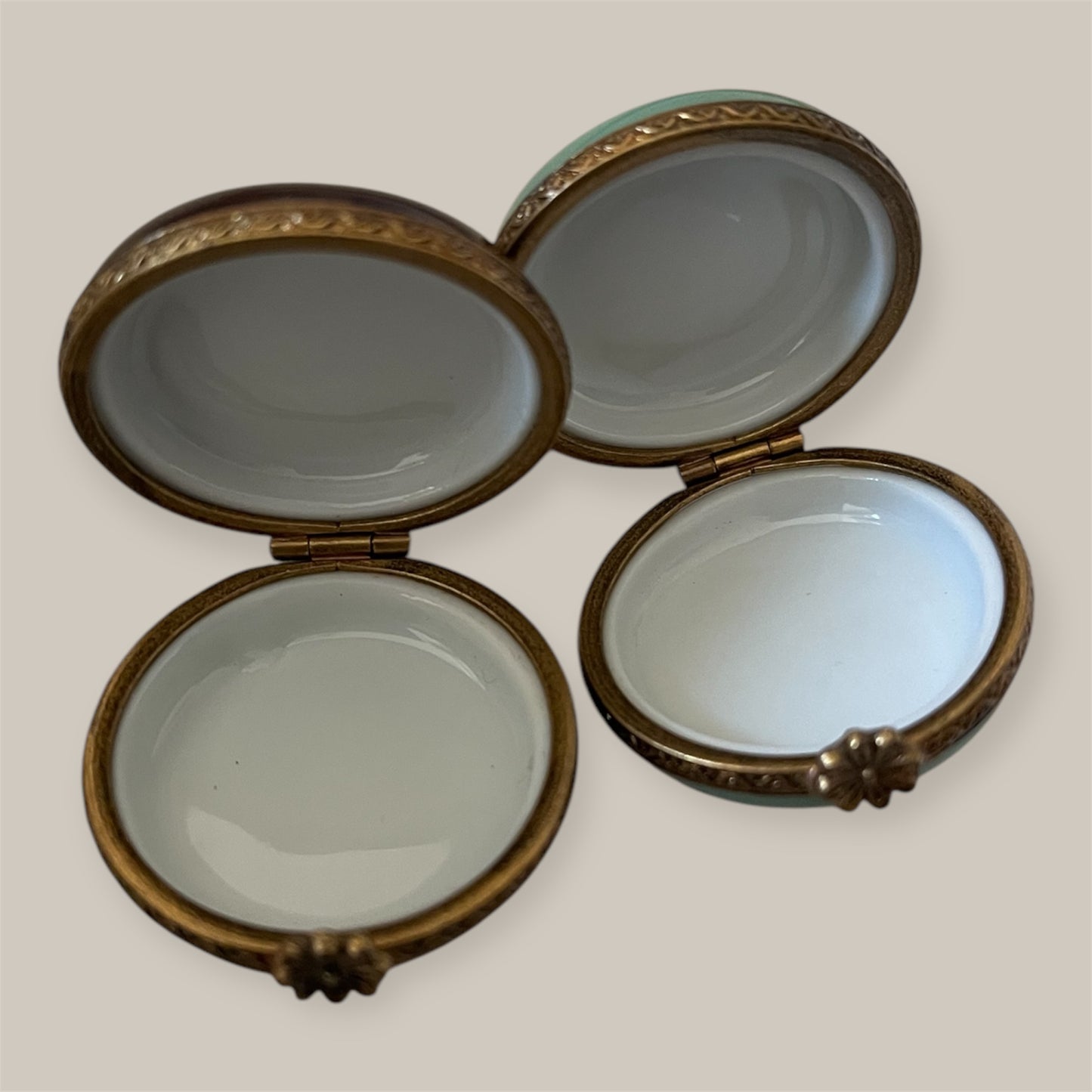 Set 2 Limoges France trincketboxes fruit Apple and Raisins.