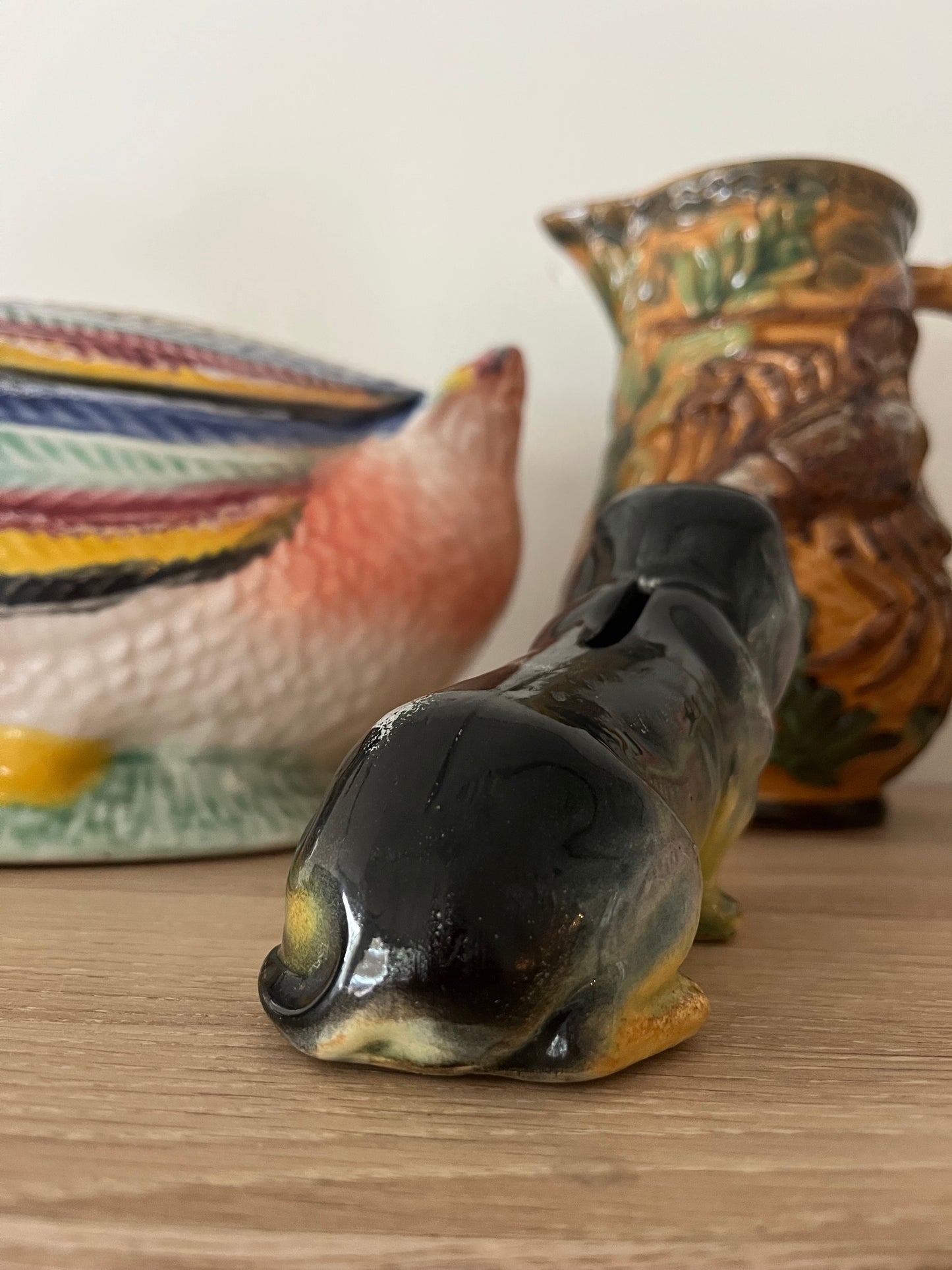 Frie onnaing antique majolica french basset dog moneybank