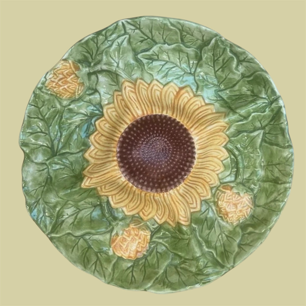Artisan vintage faience server from Portugal sunflower design