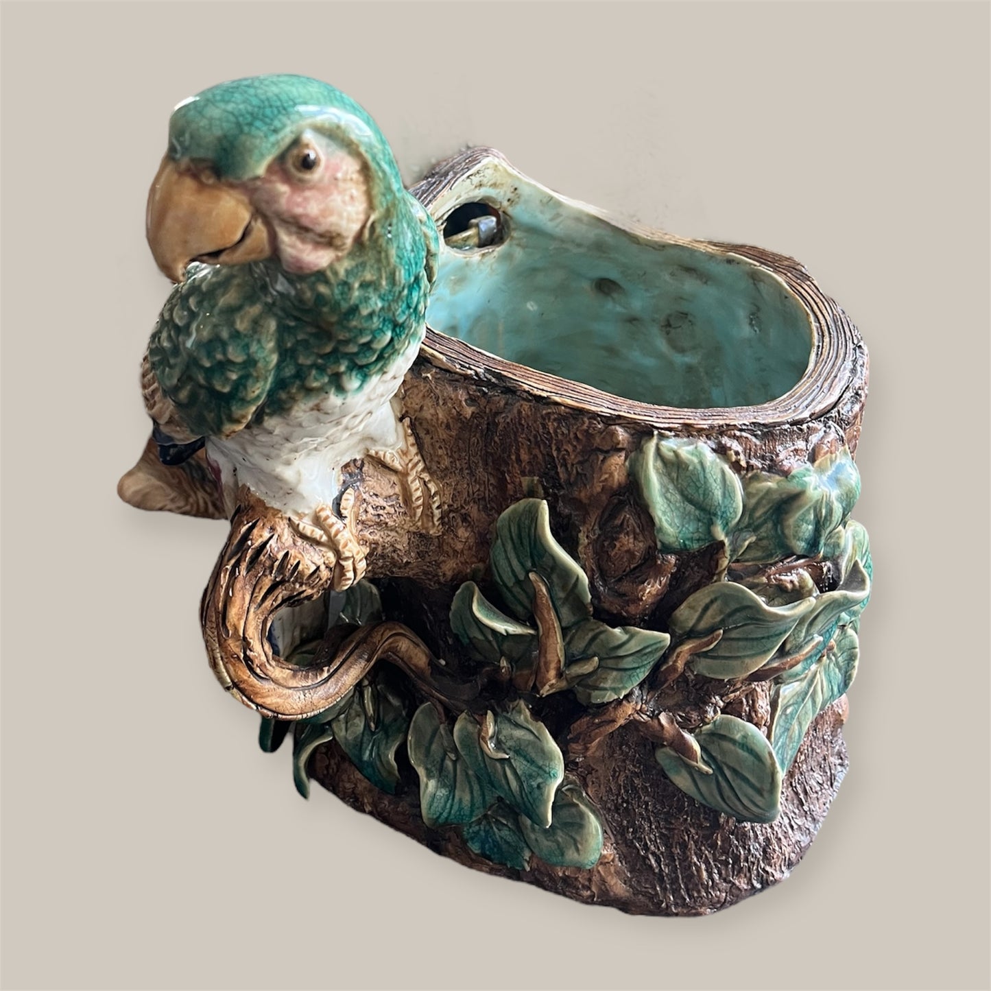 Antique French Majolica Parrot planter — Barbotine Tree-Trunk Model (c. 1880–1900)