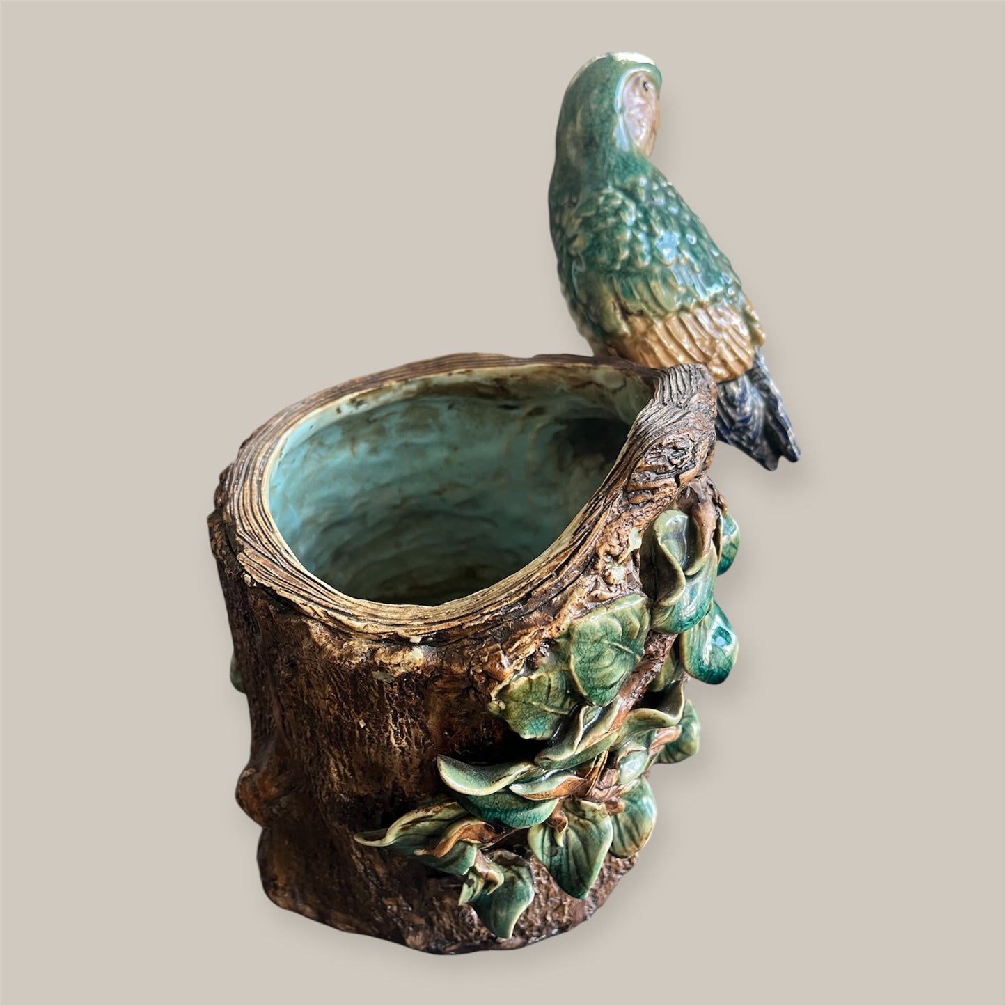 Antique French Majolica Parrot planter — Barbotine Tree-Trunk Model (c. 1880–1900)