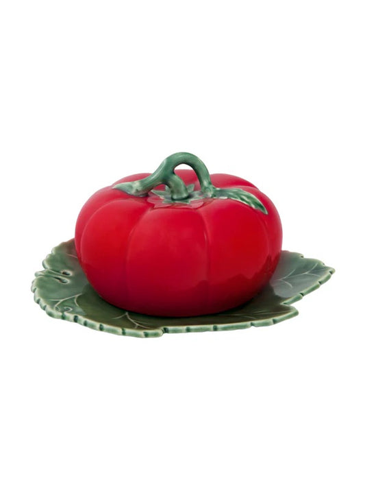 Butterdish Bordalo Pinheiro faience tomato on greenleave saucer