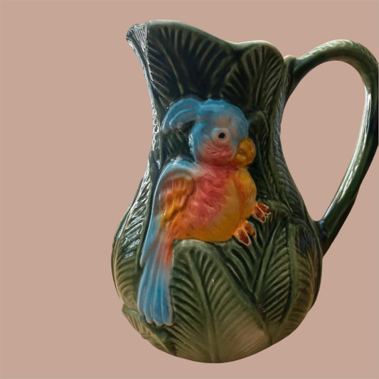 Majolica vintage greenleave pitcher with parrot and pink flower