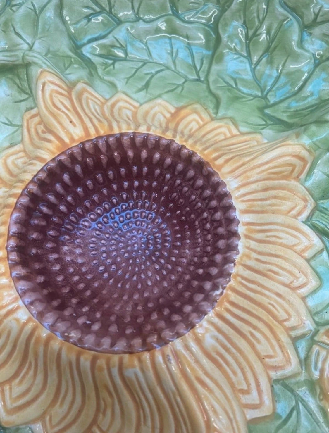 Artisan vintage faience server from Portugal sunflower design