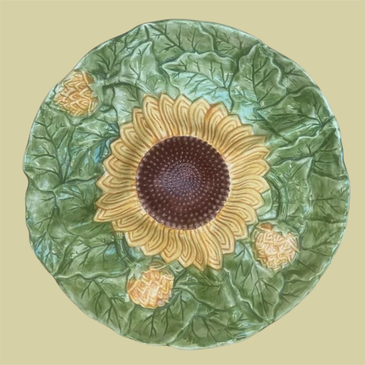 Artisan vintage faience server from Portugal sunflower design
