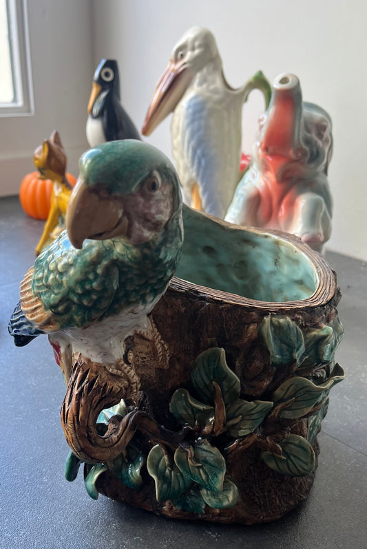 Antique French Majolica Parrot planter — Barbotine Tree-Trunk Model (c. 1880–1900)