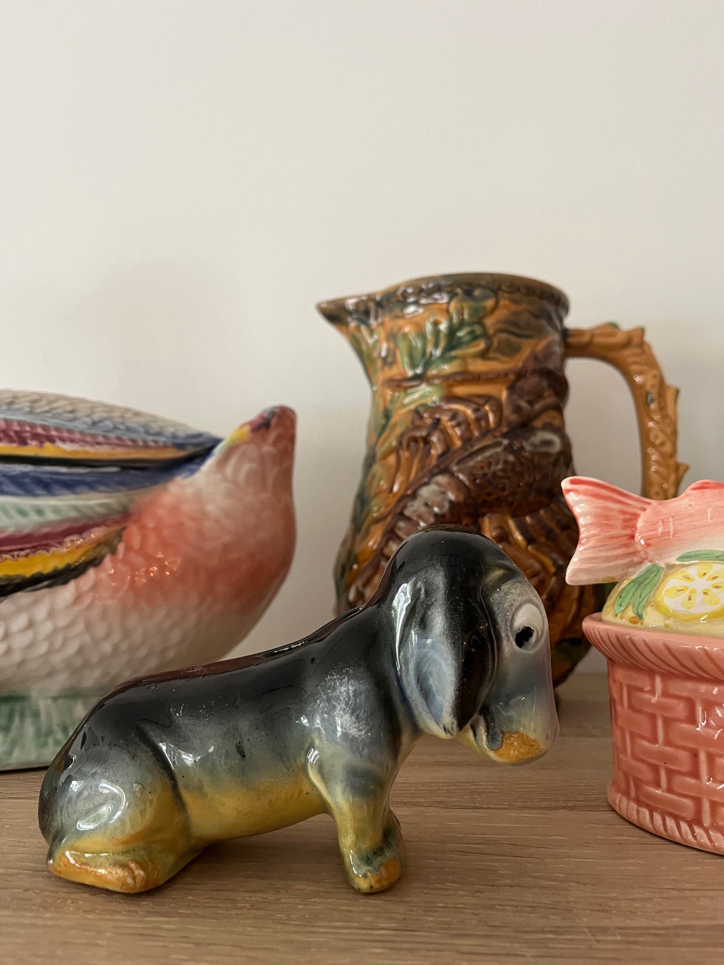 Frie onnaing antique majolica french basset dog moneybank
