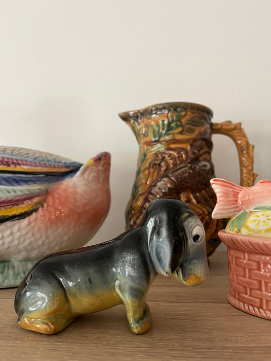 Frie onnaing antique majolica french basset dog moneybank