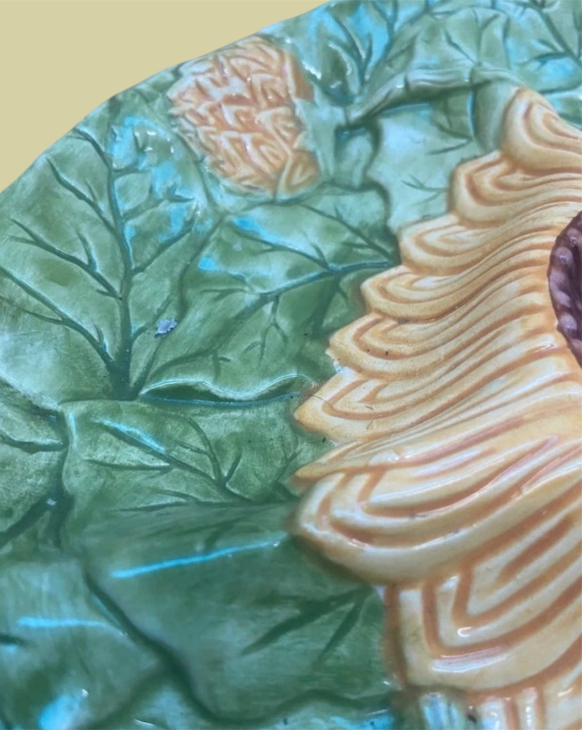 Artisan vintage faience server from Portugal sunflower design