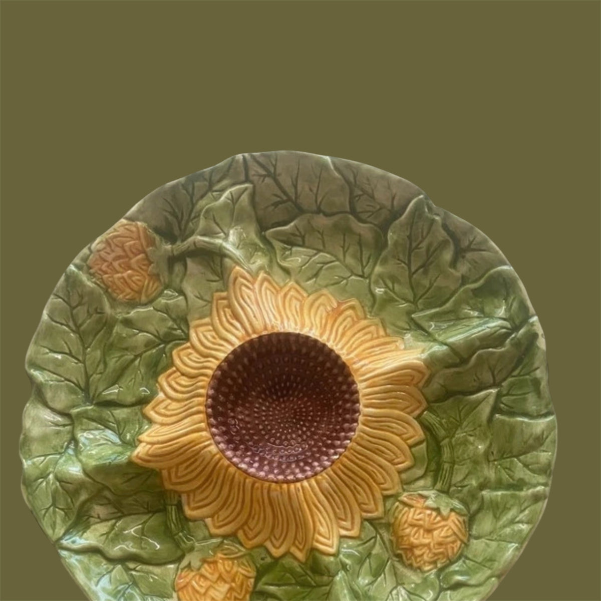Artisan vintage faience server from Portugal sunflower design