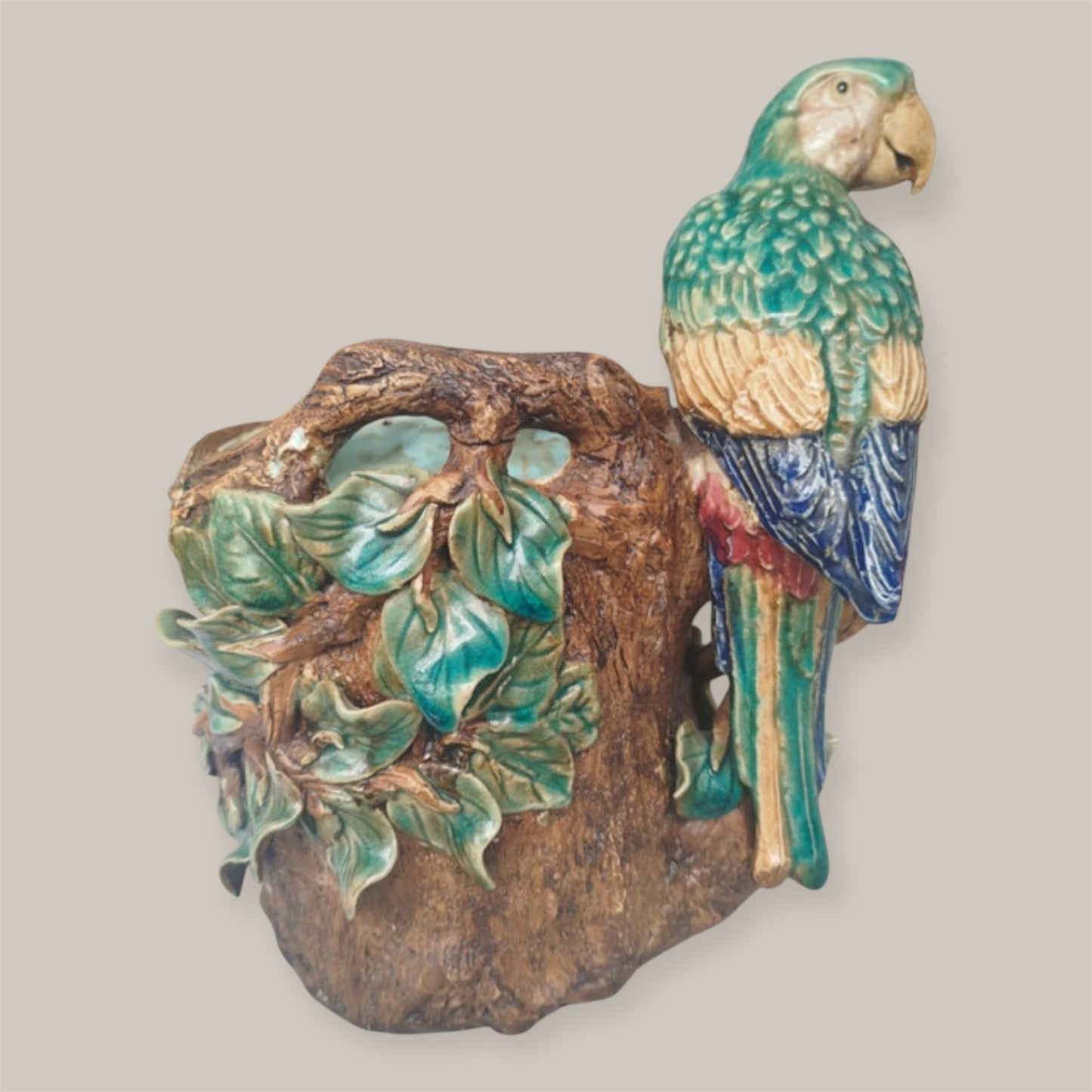 Antique French Majolica Parrot planter — Barbotine Tree-Trunk Model (c. 1880–1900)