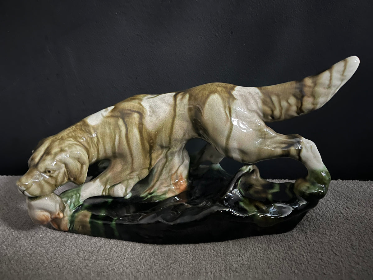 Midcentury Vintage Ukraine SSR majolica chasing dog with bird statue