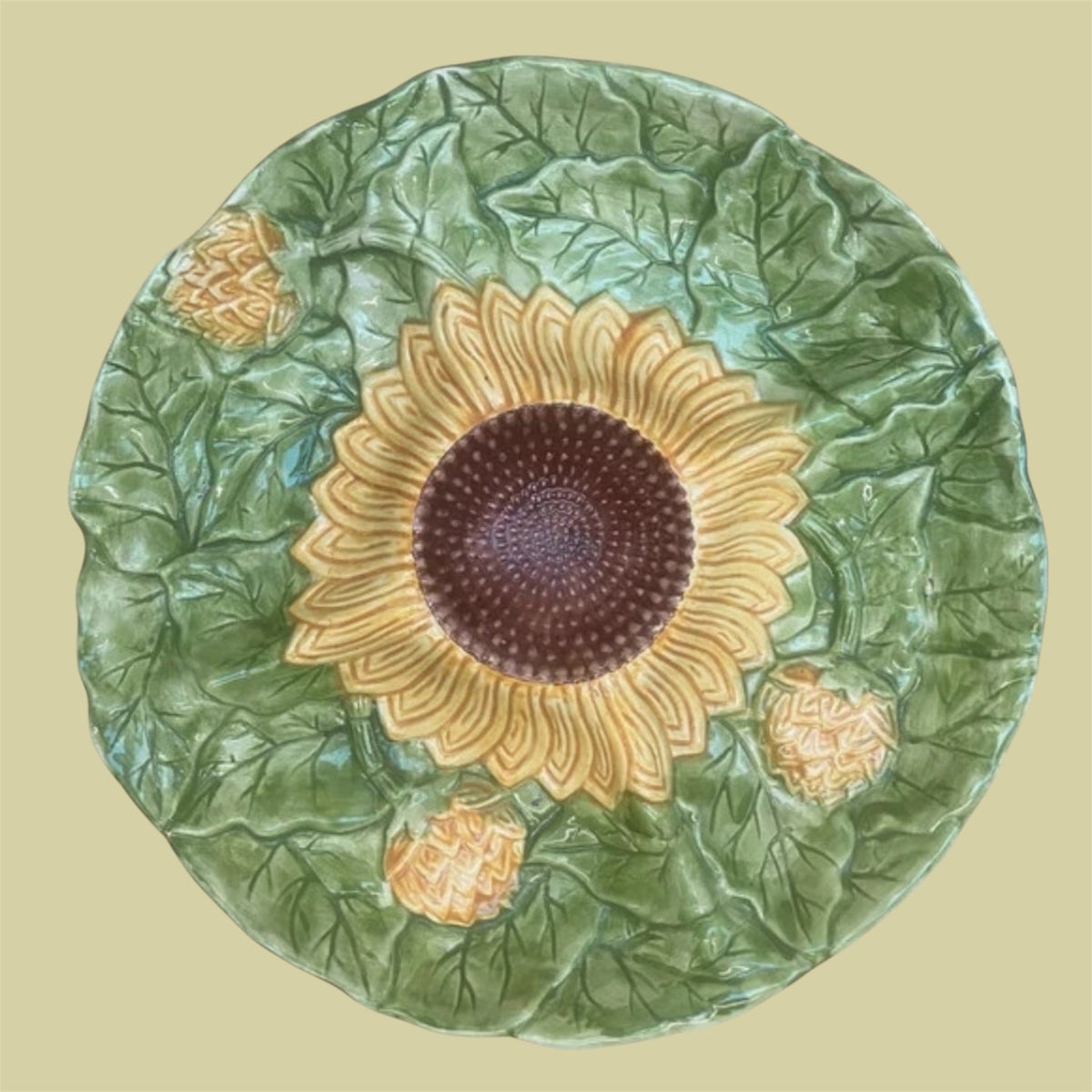 Artisan vintage faience server from Portugal sunflower design