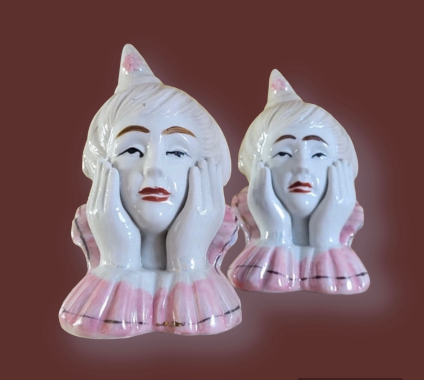 Set 2 vintage figurines pensive clown heads