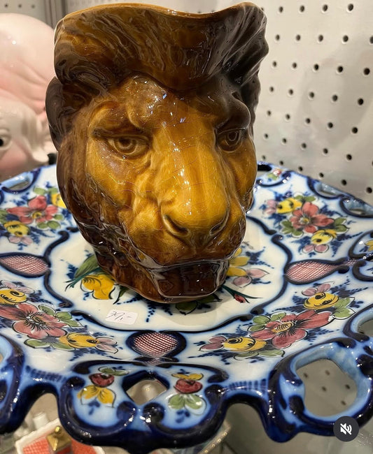 Lion head majolica pitcher