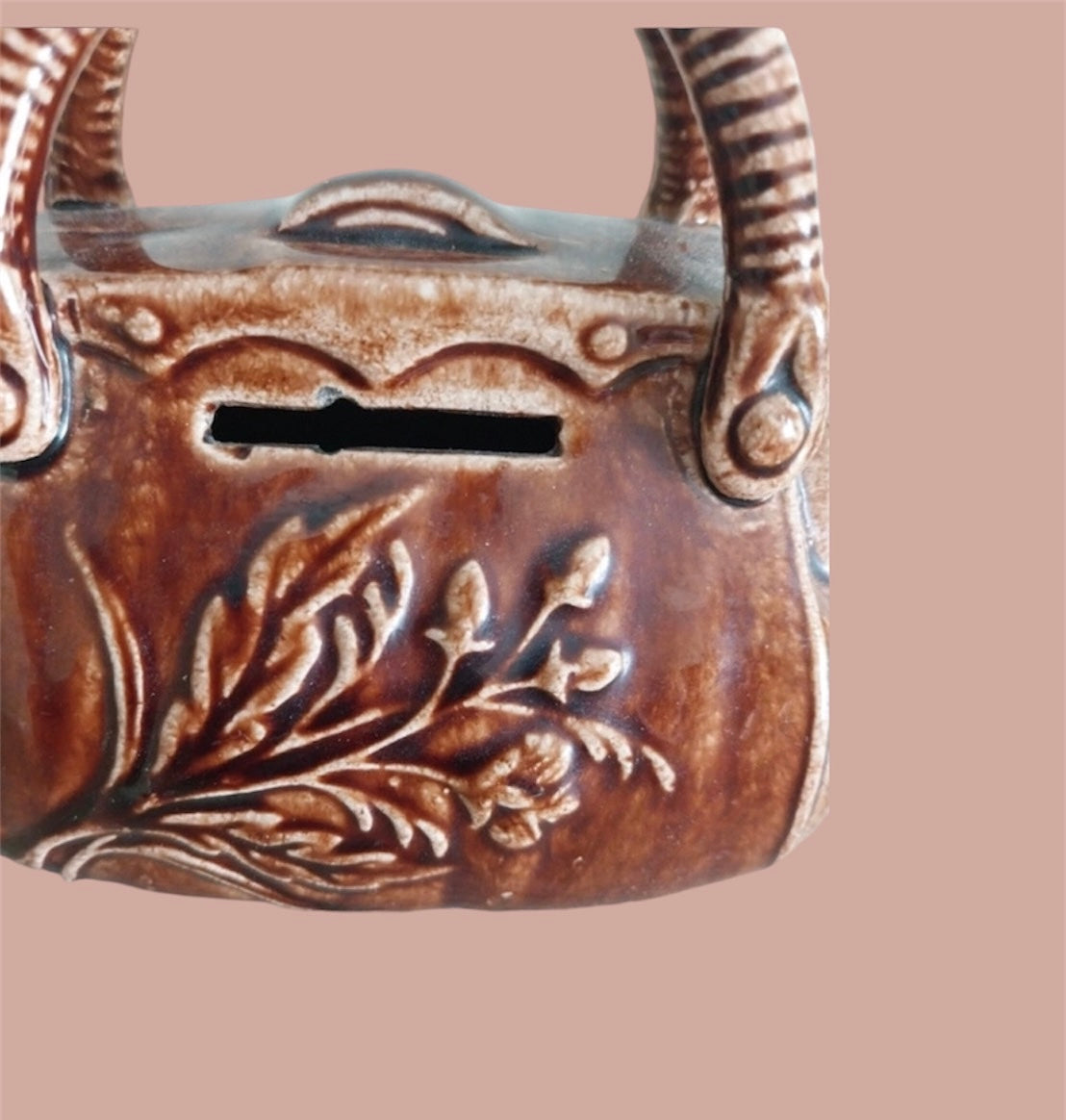 Moneybank antique majolica brown bag