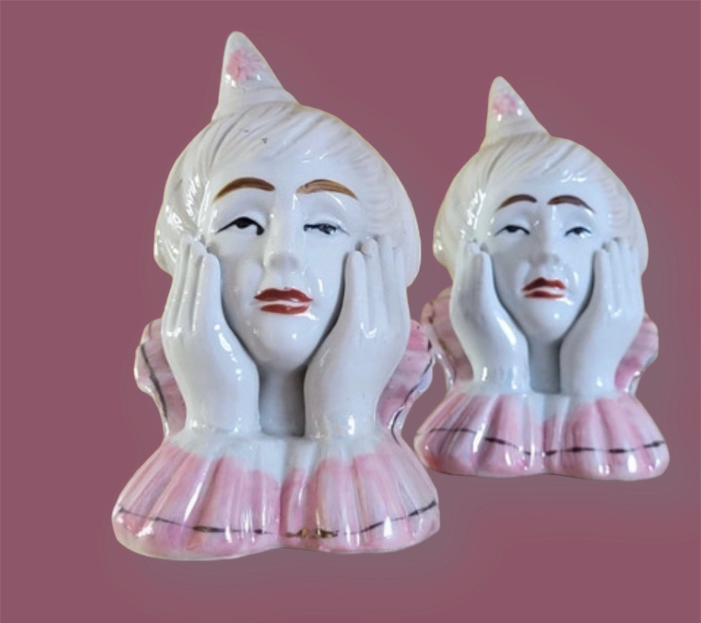 Set 2 vintage figurines pensive clown heads