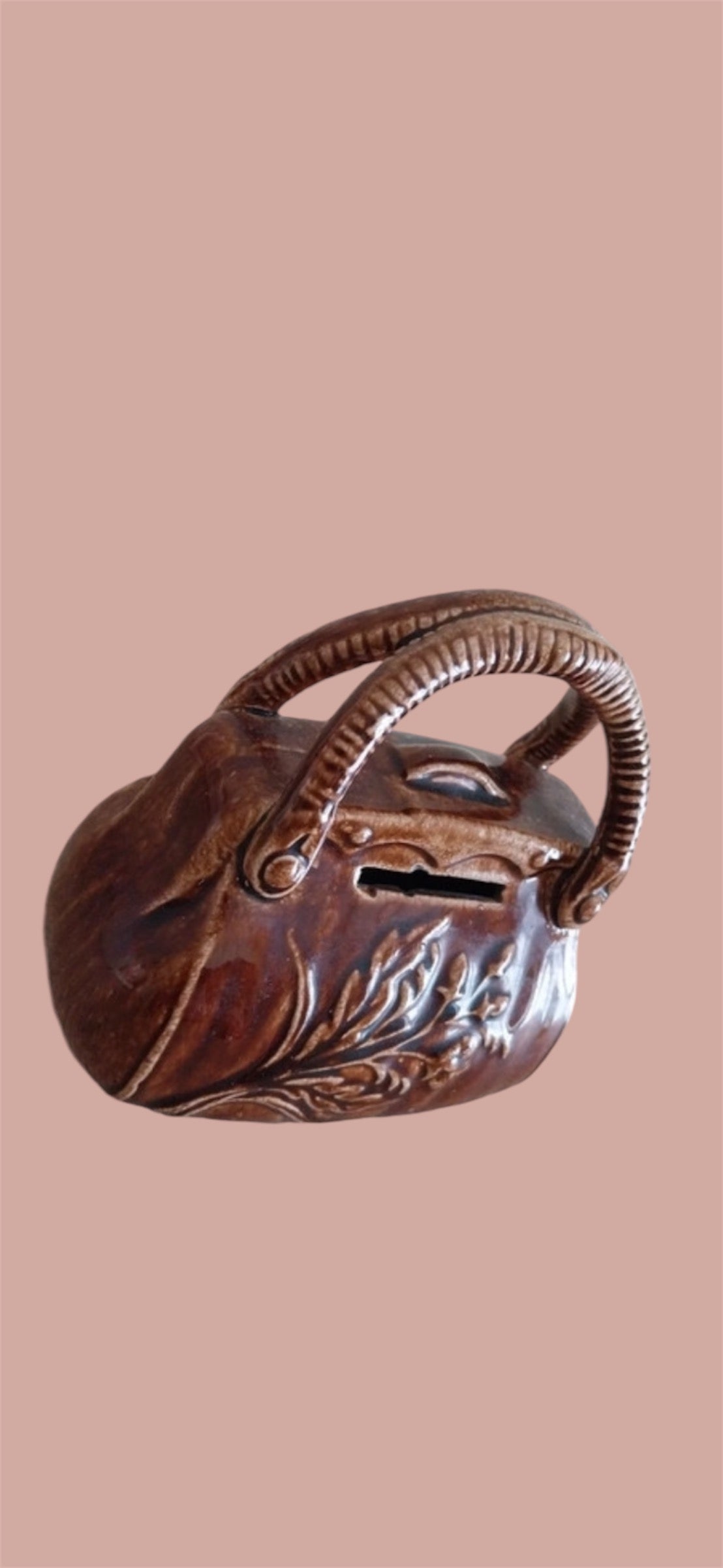 Moneybank antique majolica brown bag