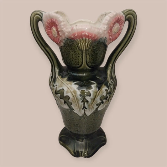 Art Nouveau greeb Barbotine vase pink flower border