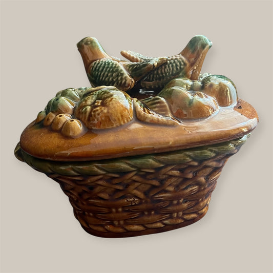 Antique majolica tureen fruit and birds in barbotine