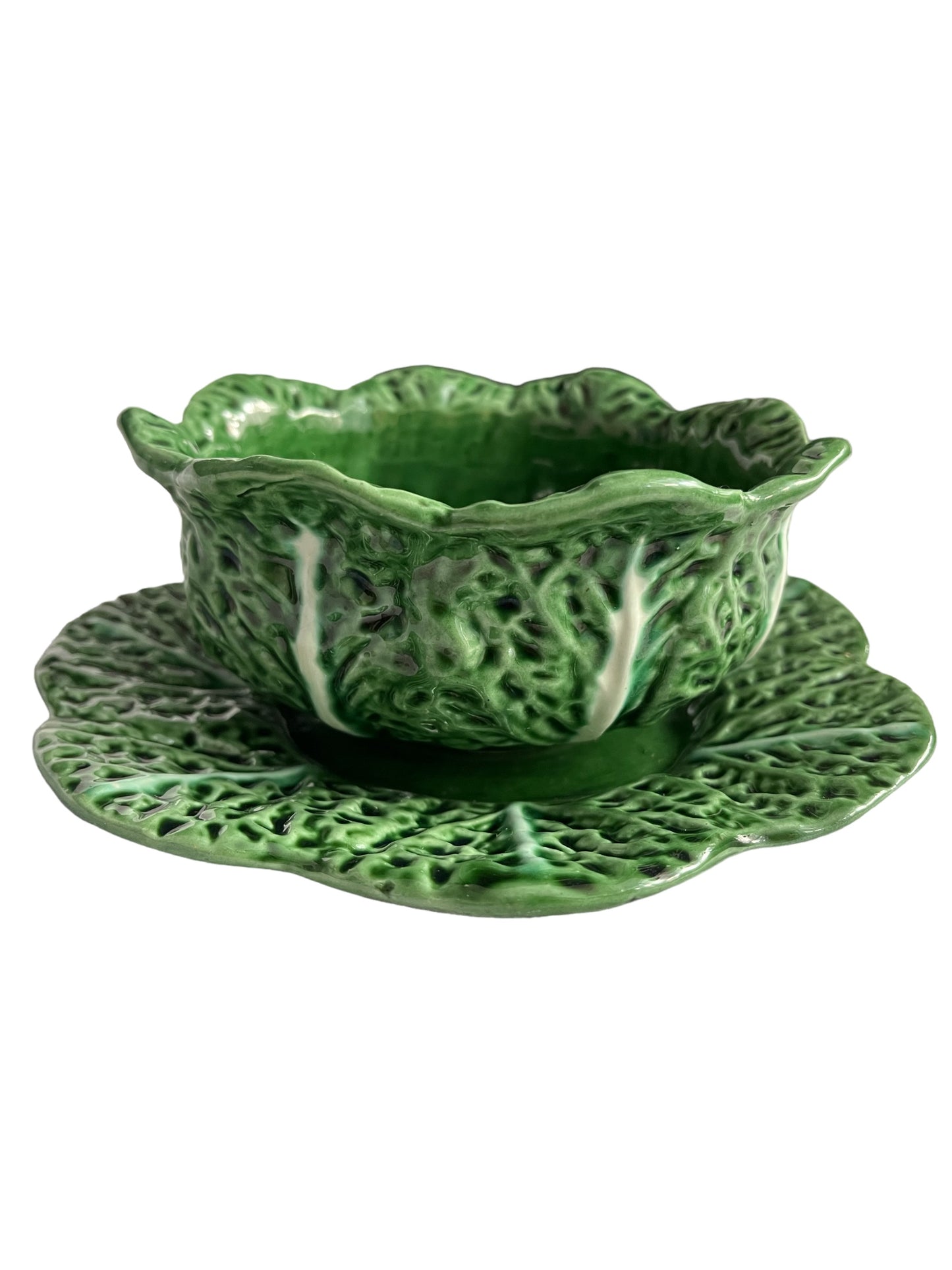 Caldas da Rainha greenleave soup bowl and saucer, set of two