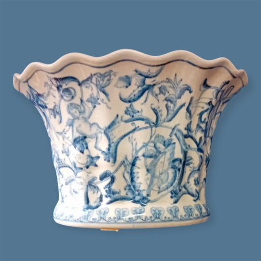 Antique faience cachepot blue white putties