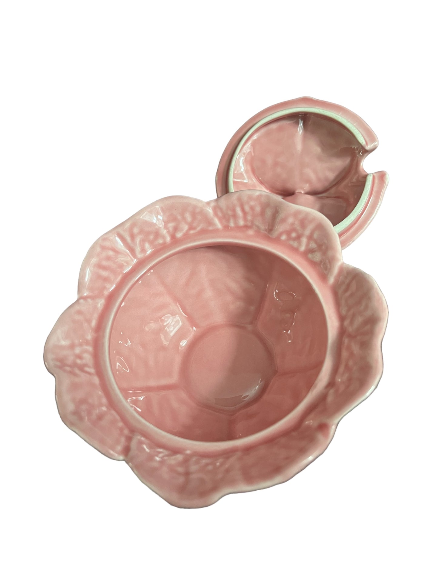 Bordallo Pinheiro vintage pink cabbage leaves lidded jar