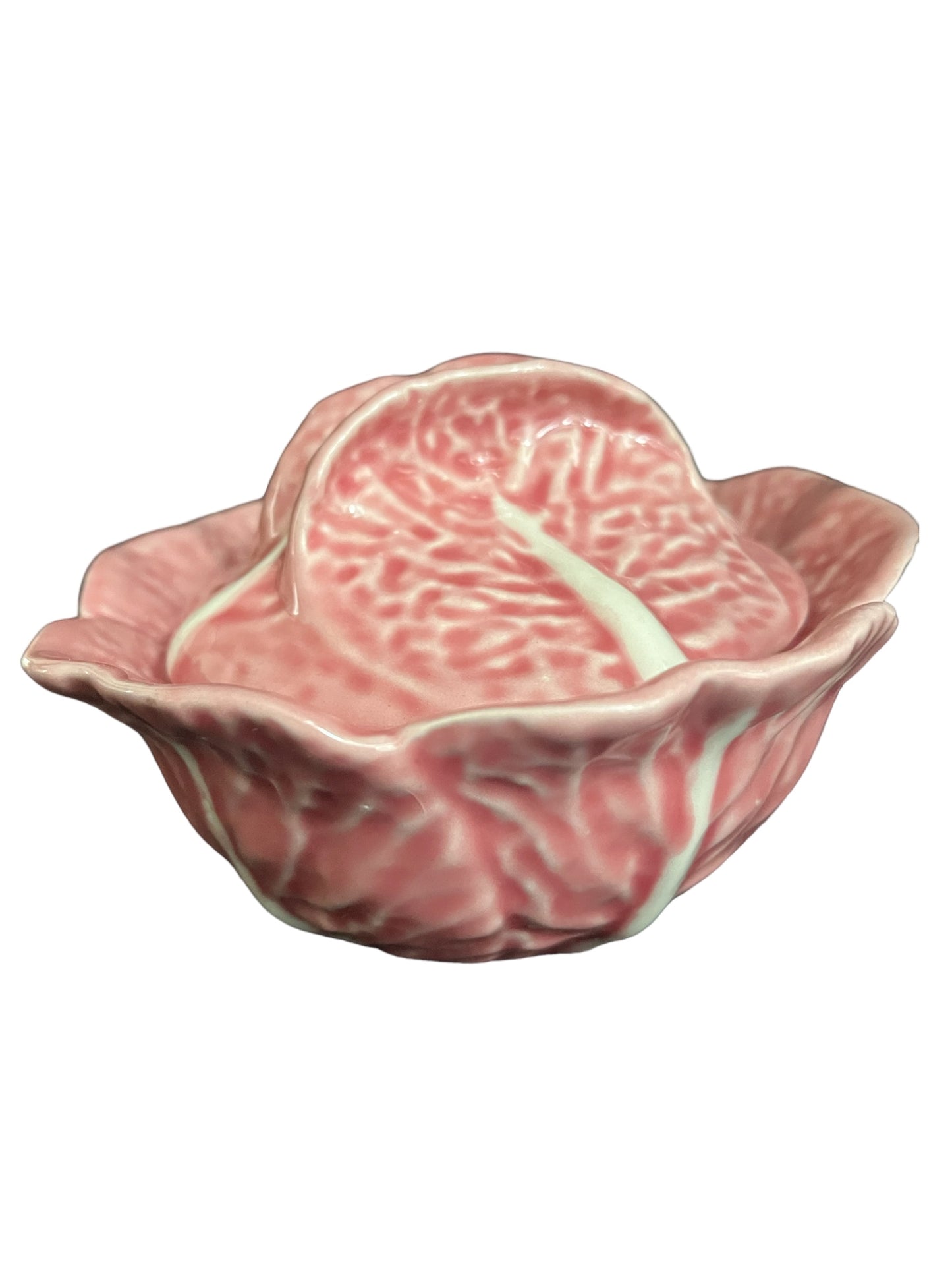 Bordallo Pinheiro vintage pink cabbage leaves lidded jar