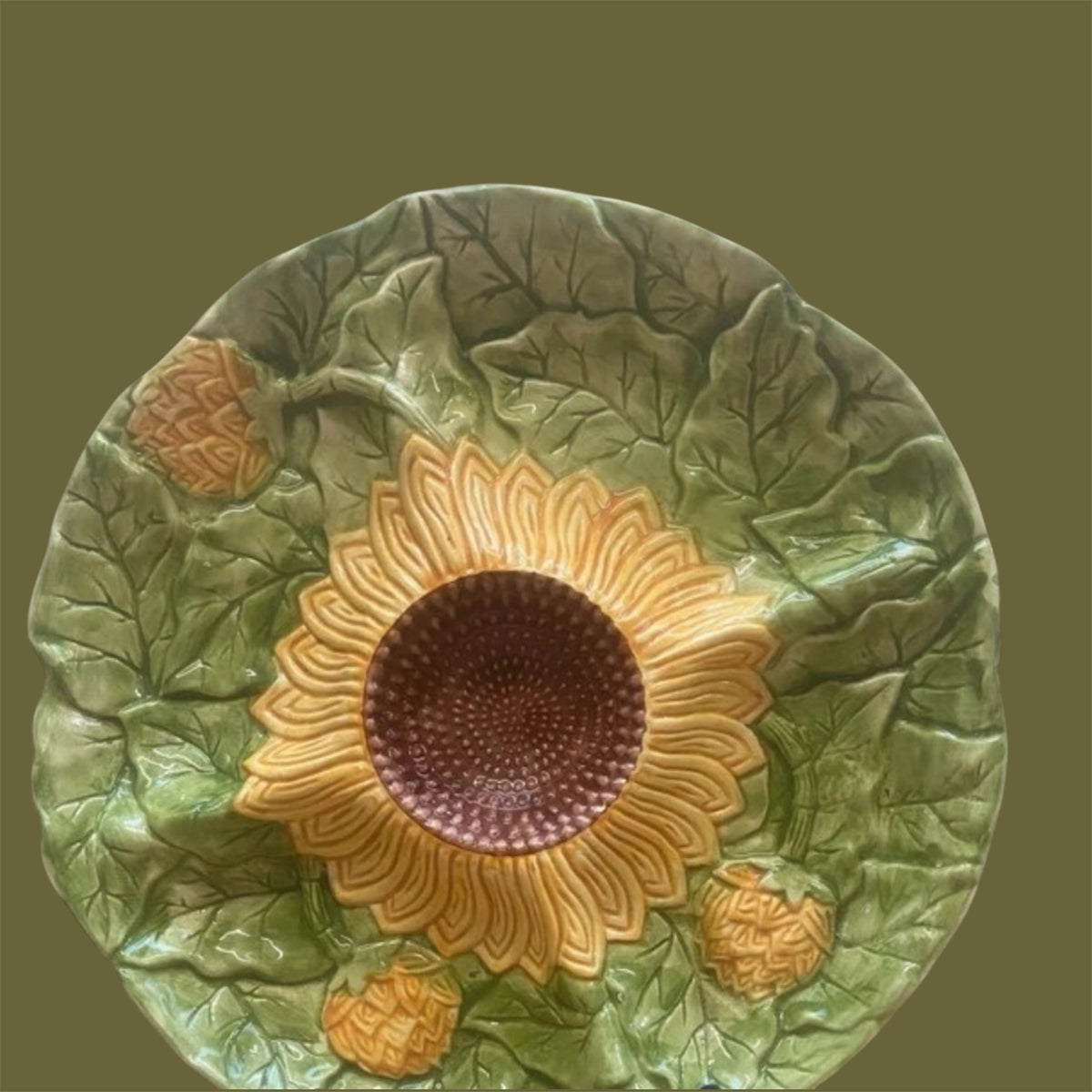 Artisan vintage faience server from Portugal sunflower design
