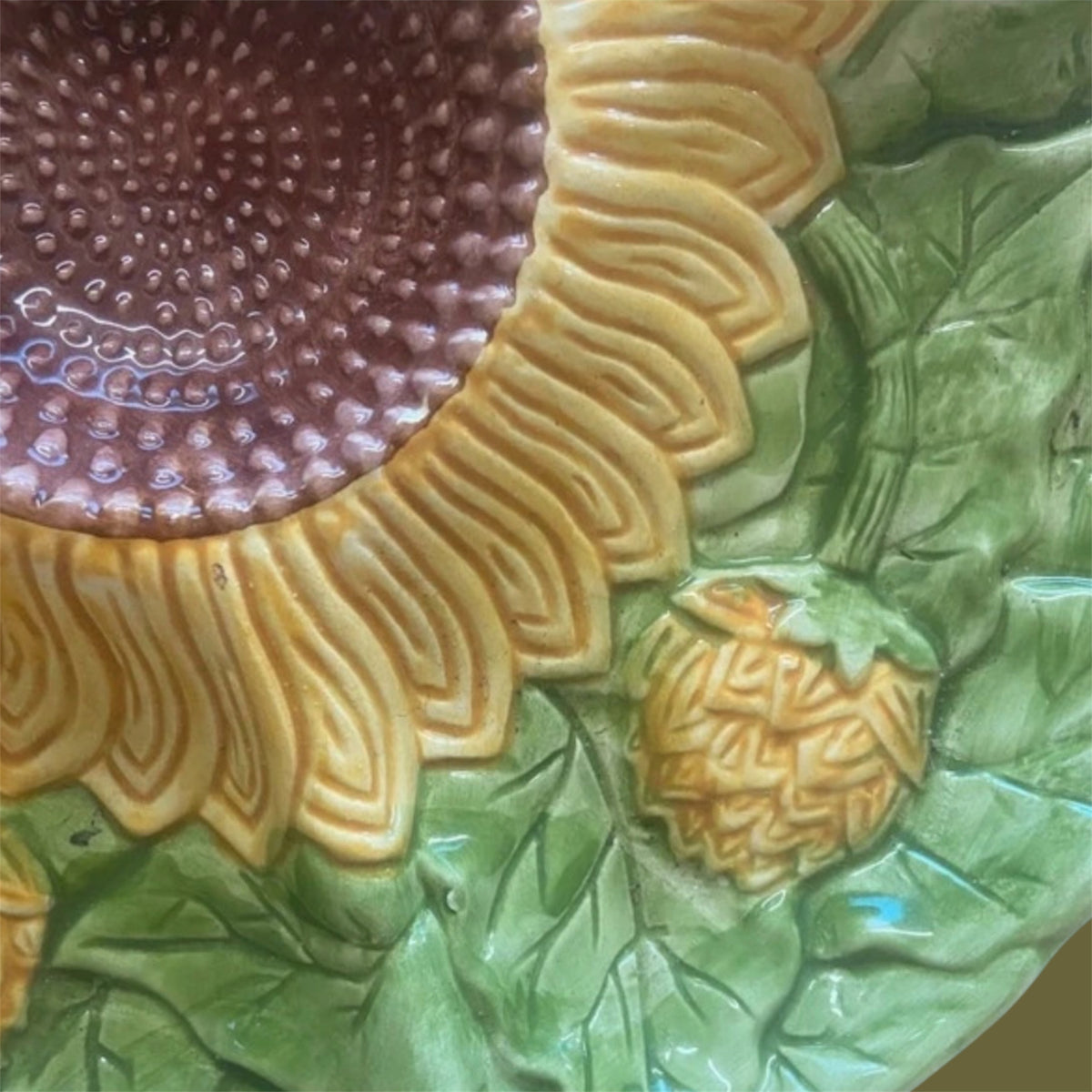 Artisan vintage faience server from Portugal sunflower design