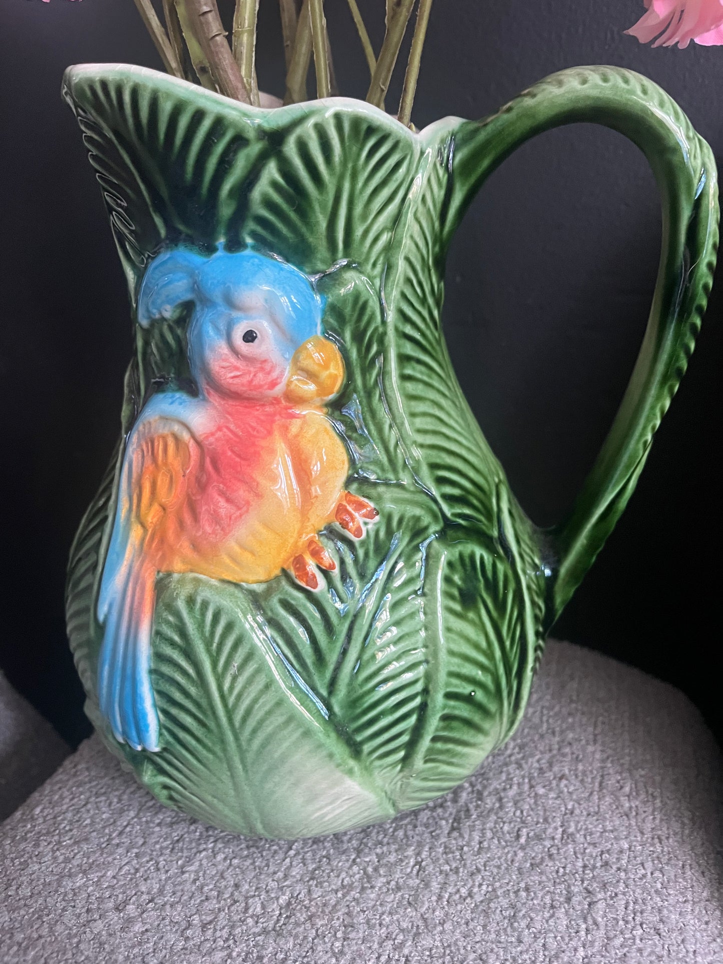 Vintage portugese greenleave pitcher with bird and pink flower